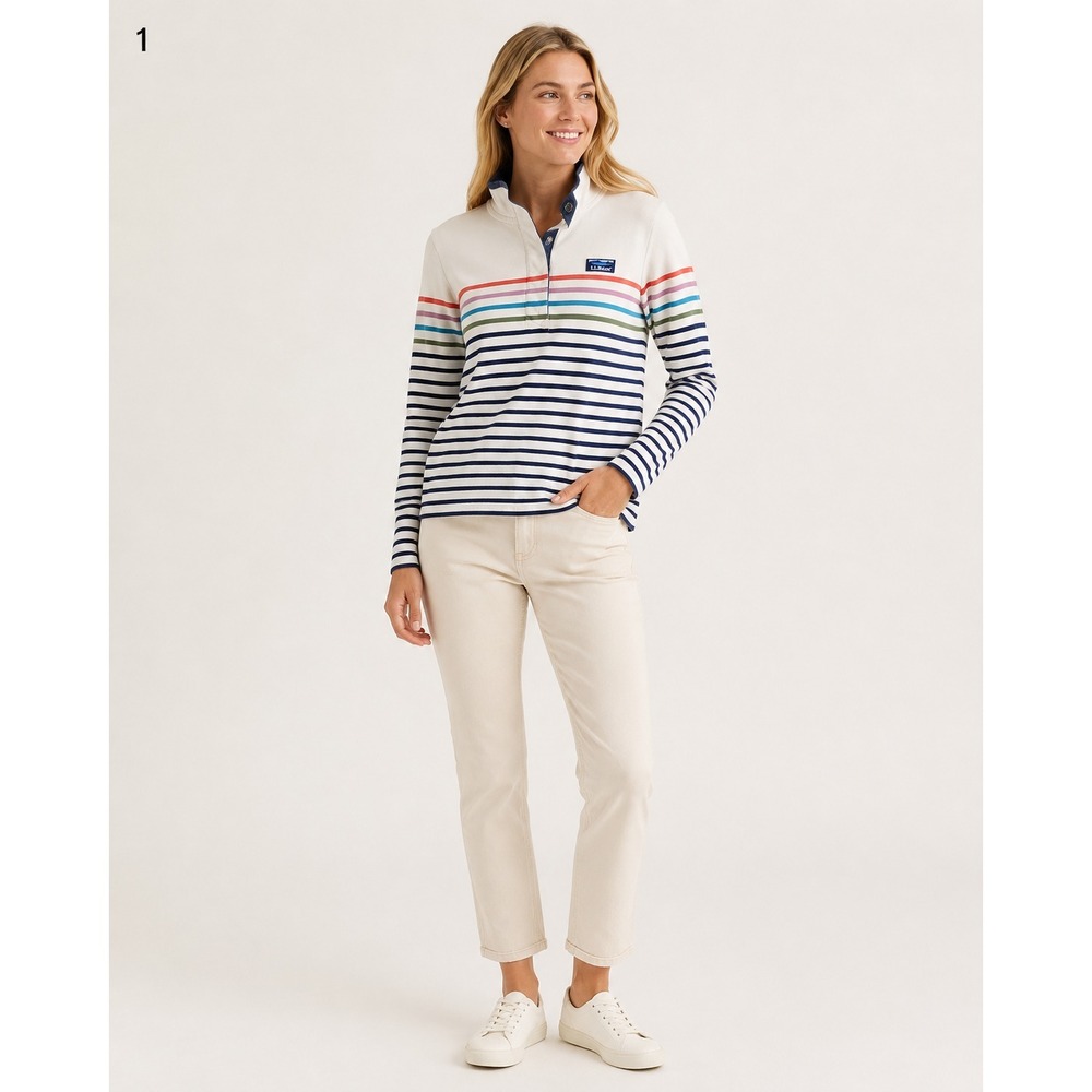 L.L. Bean Pullover Sweater Womens Medium White Blue Stripe Cotton Nautical